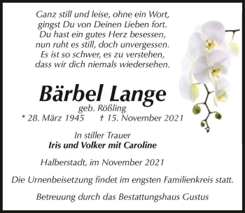 Traueranzeige von Bärbel Lange (geb. Rößling)  von Magdeburger Volksstimme