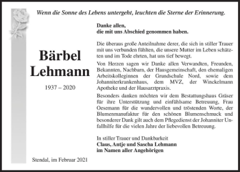 Traueranzeige von Bärbel Lehmann  von Magdeburger Volksstimme