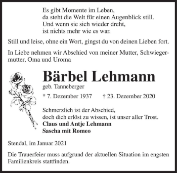 Traueranzeige von Bärbel Lehmann (geb. Tanneberger)  von Magdeburger Volksstimme