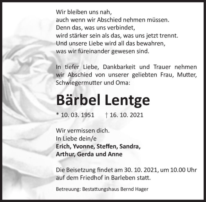  Traueranzeige für Bärbel Lentge  vom 26.10.2021 aus Magdeburger Volksstimme