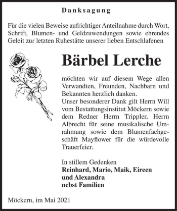 Traueranzeige von Bärbel Lerche  von Magdeburger Volksstimme