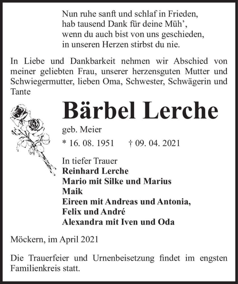 Traueranzeige für Bärbel Lerche (geb. Meier)  vom 24.04.2021 aus Magdeburger Volksstimme