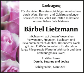 Traueranzeige von Bärbel Lietzmann  von Magdeburger Volksstimme