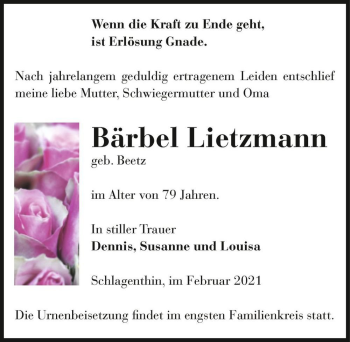 Traueranzeige von Bärbel Lietzmann (geb. Beetz)  von Magdeburger Volksstimme