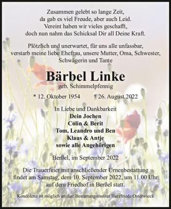 Traueranzeige von Bärbel Linke (geb. Schimmelpfennig)  von Magdeburger Volksstimme