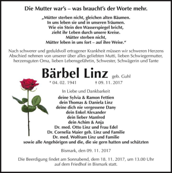Traueranzeige von Bärbel Linz (geb. Guhl)  von Magdeburger Volksstimme