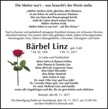 Traueranzeige von Bärbel Linz (geb. Guhl)  von Magdeburger Volksstimme