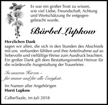 Traueranzeige von Bärbel Lupkow  von Magdeburger Volksstimme