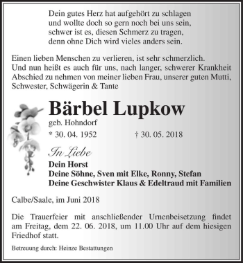 Traueranzeige von Bärbel Lupkow (geb. Hohndorf)  von Magdeburger Volksstimme