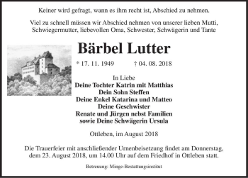 Traueranzeige von Bärbel Lutter  von Magdeburger Volksstimme