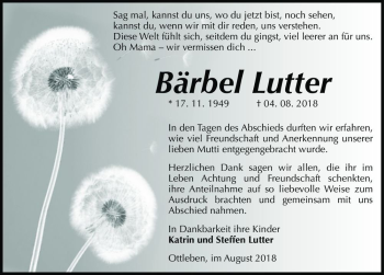 Traueranzeige von Bärbel Lutter  von Magdeburger Volksstimme