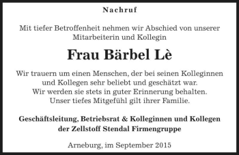 Traueranzeige von Bärbel Lè  von Magdeburger Volksstimme