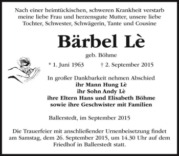 Traueranzeige von Bärbel Lè (geb. Böhme)  von Magdeburger Volksstimme
