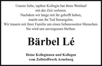 Traueranzeige von Bärbel Lé  von Magdeburger Volksstimme