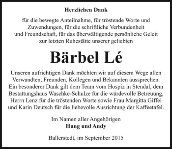 Traueranzeige von Bärbel Lé  von Magdeburger Volksstimme