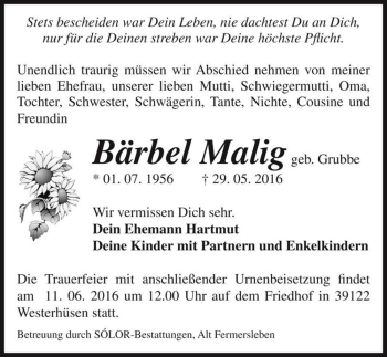 Traueranzeige von Bärbel Malig (geb. Grubbe)  von Magdeburger Volksstimme