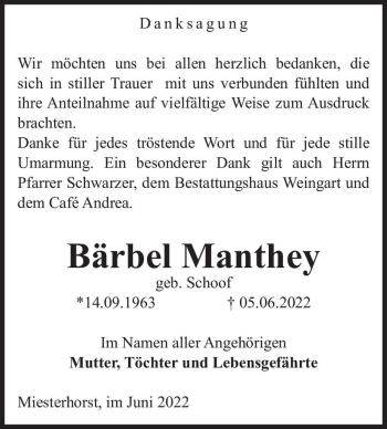 Traueranzeige von Bärbel Manthey (geb. Schoof)  von Magdeburger Volksstimme