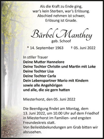 Traueranzeige von Bärbel Manthey (geb. Schoof)  von Magdeburger Volksstimme