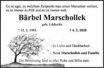 Traueranzeige von Bärbel Marschollek (geb. Lüderitz)  von Magdeburger Volksstimme