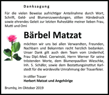 Traueranzeige von Bärbel Matzat  von Magdeburger Volksstimme