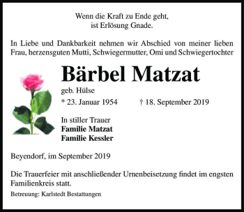 Traueranzeige von Bärbel Matzat (geb. Hülse)  von Magdeburger Volksstimme