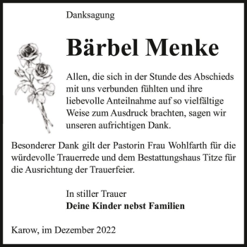 Traueranzeige von Bärbel Menke  von Magdeburger Volksstimme