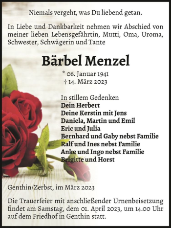 Traueranzeige von Bärbel Menzel  von Magdeburger Volksstimme