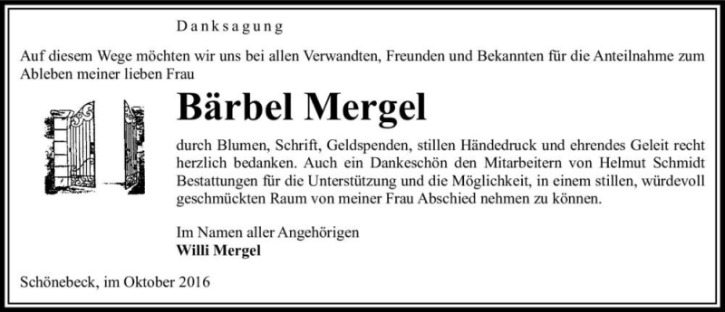  Traueranzeige für Bärbel Mergel  vom 05.11.2016 aus Magdeburger Volksstimme