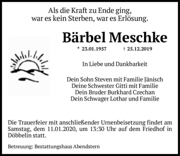 Traueranzeige von Bärbel Meschke  von Magdeburger Volksstimme
