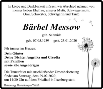 Traueranzeige von Bärbel Messow (geb. Schmidt)  von Magdeburger Volksstimme