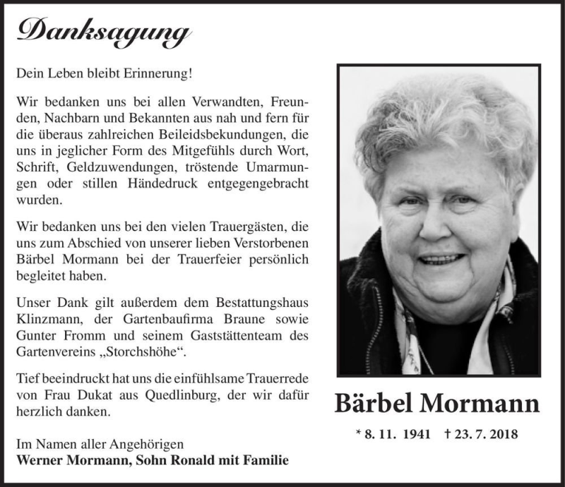 Traueranzeige für Bärbel Mormann  vom 24.08.2018 aus Magdeburger Volksstimme