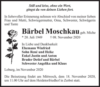 Traueranzeige von Bärbel Moschkau (geb. Miche)  von Magdeburger Volksstimme