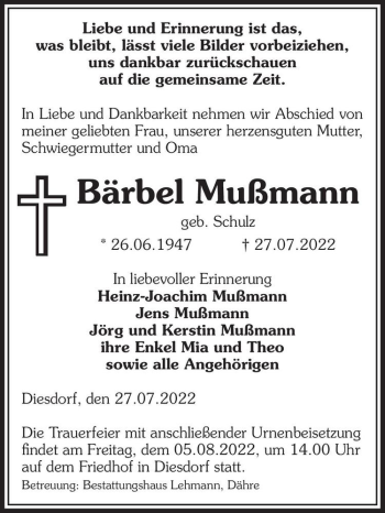 Traueranzeige von Bärbel Mußmann (geb. Schulz)  von Magdeburger Volksstimme