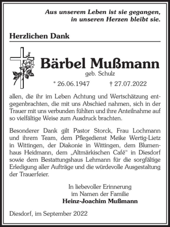 Traueranzeige von Bärbel Mußmann (geb. Schulz)  von Magdeburger Volksstimme