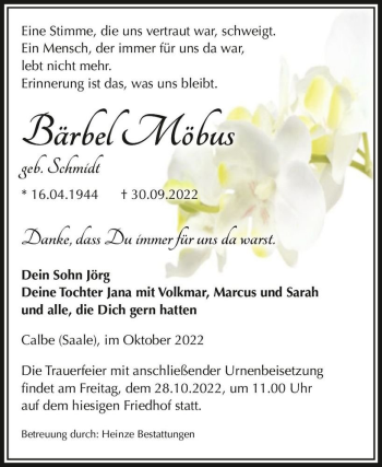 Traueranzeige von Bärbel Möbus (geb. Schmidt)  von Magdeburger Volksstimme