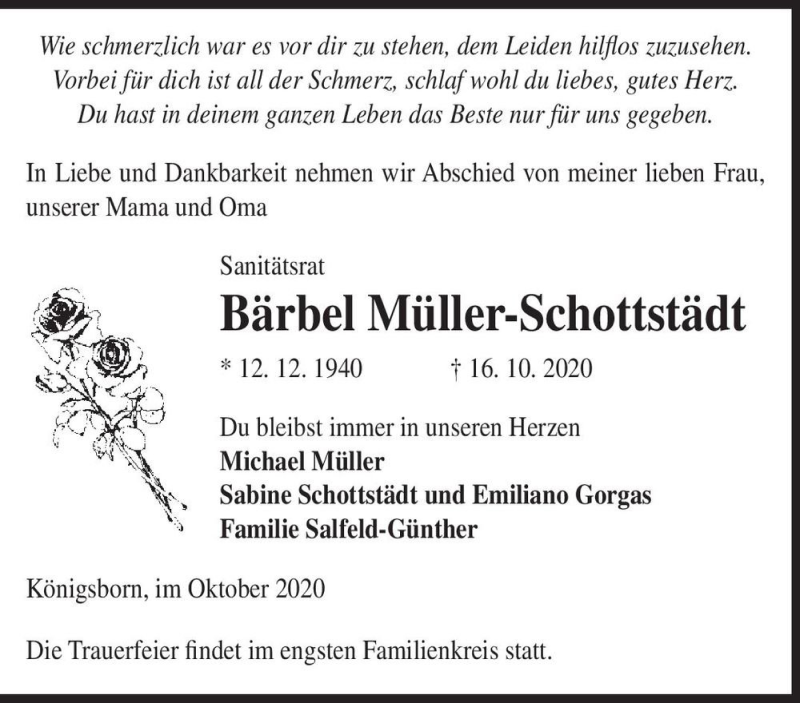  Traueranzeige für Bärbel Müller-Schottstädt  vom 30.10.2020 aus Magdeburger Volksstimme