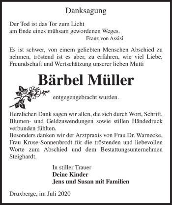 Traueranzeige von Bärbel Müller  von Magdeburger Volksstimme