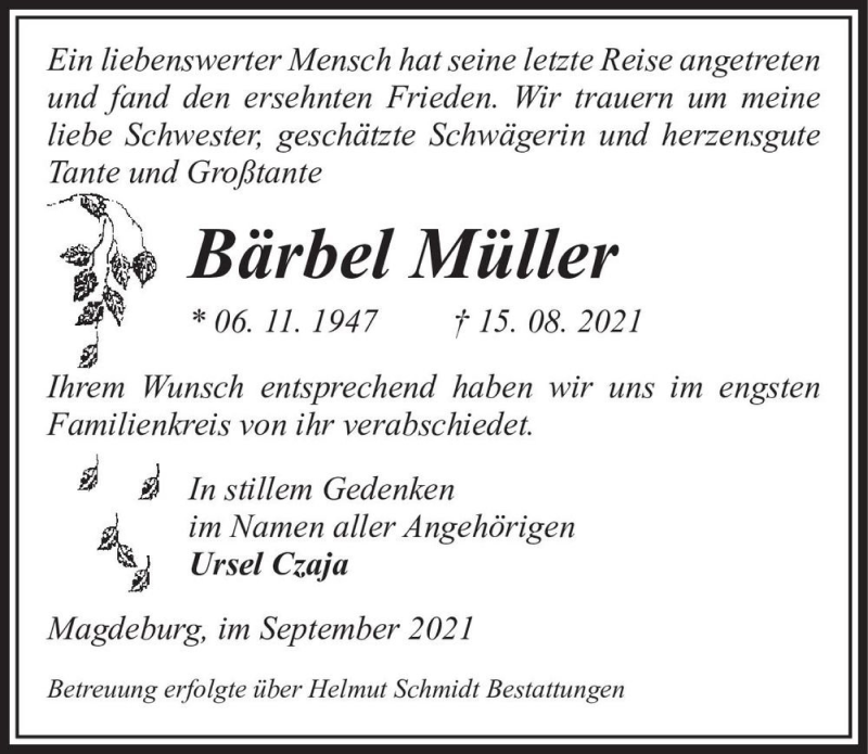  Traueranzeige für Bärbel Müller  vom 25.09.2021 aus Magdeburger Volksstimme