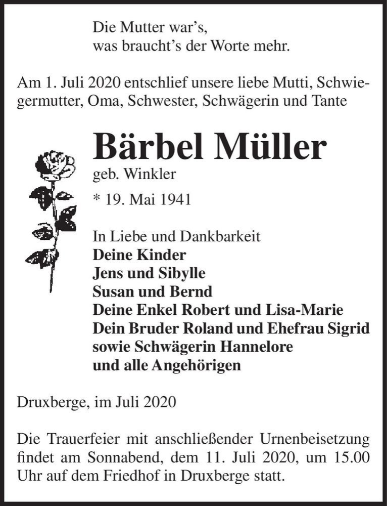  Traueranzeige für Bärbel Müller (geb. Winkler)  vom 07.07.2020 aus Magdeburger Volksstimme