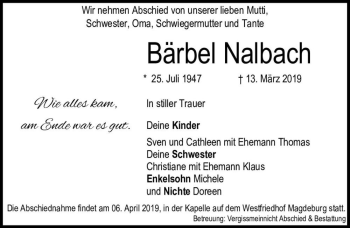 Traueranzeige von Bärbel Nalbach  von Magdeburger Volksstimme