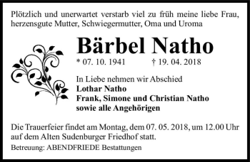 Traueranzeige von Bärbel Natho  von Magdeburger Volksstimme