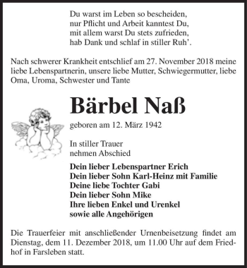 Traueranzeige von Bärbel Naß  von Magdeburger Volksstimme
