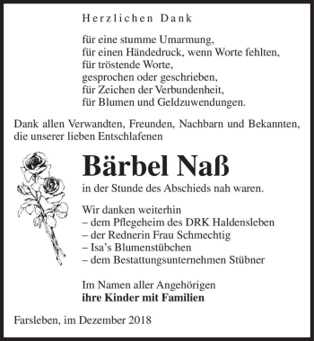 Traueranzeige von Bärbel Naß  von Magdeburger Volksstimme