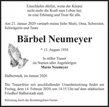 Traueranzeige von Bärbel Neumeyer  von Magdeburger Volksstimme