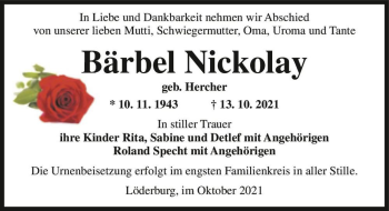 Traueranzeige von Bärbel Nickolay (geb. Hercher)  von Magdeburger Volksstimme
