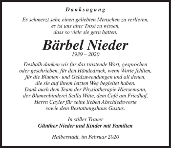 Traueranzeige von Bärbel Nieder  von Magdeburger Volksstimme