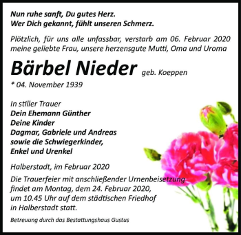 Traueranzeige von Bärbel Nieder (geb. Koeppen)  von Magdeburger Volksstimme