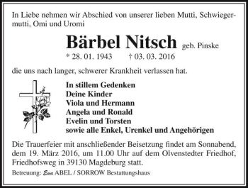 Traueranzeige von Bärbel Nitsch (geb. Pinske)  von Magdeburger Volksstimme