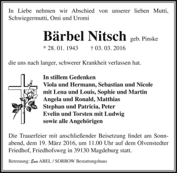Traueranzeige von Bärbel Nitsch (geb. Pinske)  von Magdeburger Volksstimme