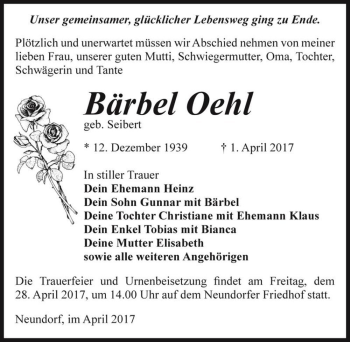 Traueranzeige von Bärbel Oehl (geb. Seibert)  von Magdeburger Volksstimme